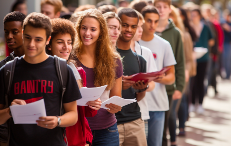 Students staying in line with papers in hand